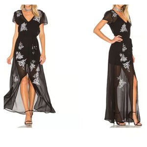 Lovers + Friends Black Floral Embroidered Sheer Maxi Dress Whimsigoth Dark Fairy